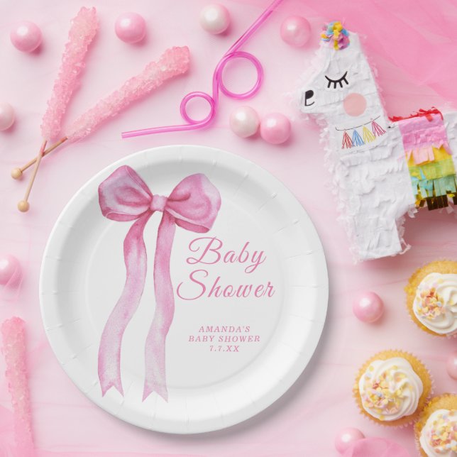Pink a Bow Girl Baby shower Paper Plates (Party)