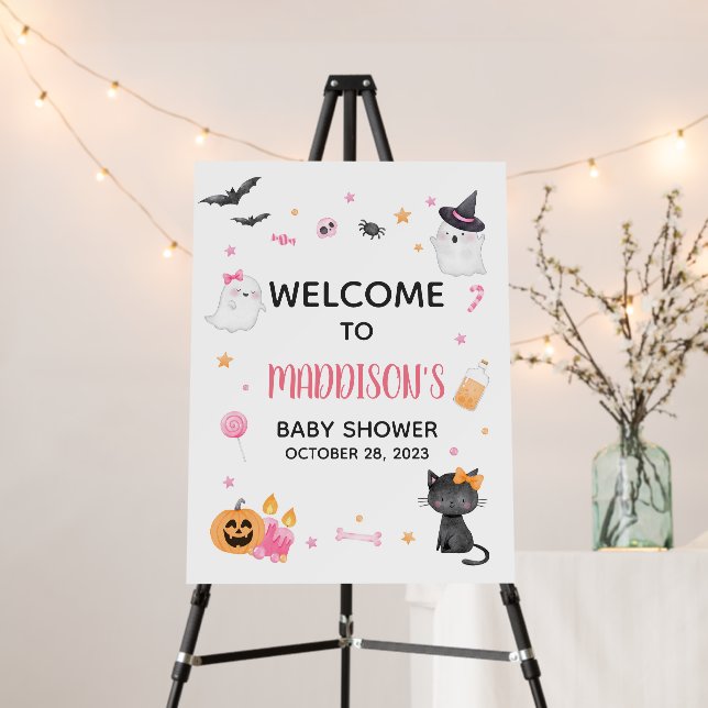 Pink A Little Boo Ghost Baby Shower Welcome Sign (In Situ (Stand))