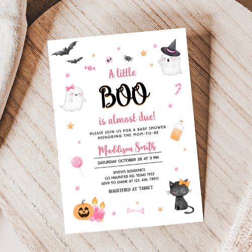 Pink A Little Boo Halloween Baby Shower Invitation