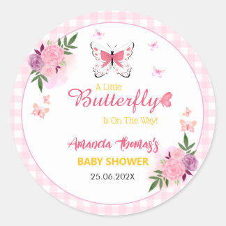 Pink A Little Butterfly Is On The Way Baby Shower Classic Round Sticker