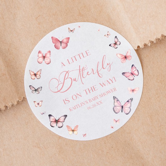 Pink A Little Butterfly Is On The Way Baby Shower  Classic Round Sticker (Creator Uploaded)