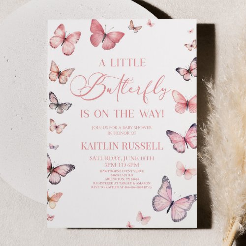 Pink A Little Butterfly Is On The Way Baby Shower  Invitation