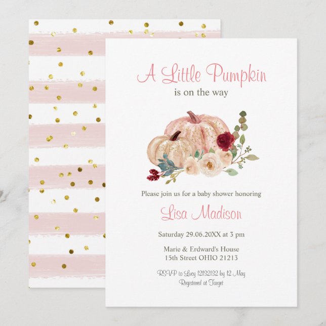 Pink A Little Pumpkin Is On The Way Invitation (Front/Back)