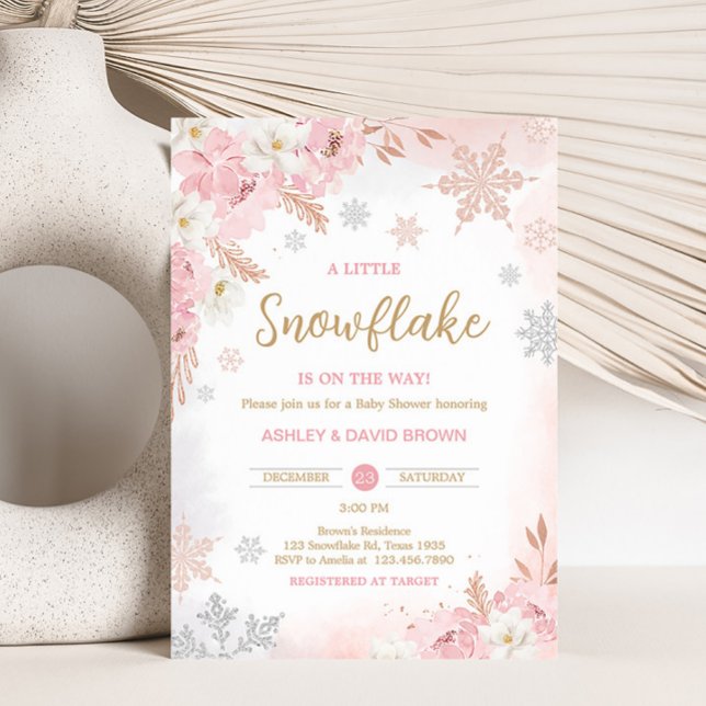 Pink A Little Snowflake Baby Shower  Invitation (Pink Little Snowflakes is on the way Baby Shower Invitation)