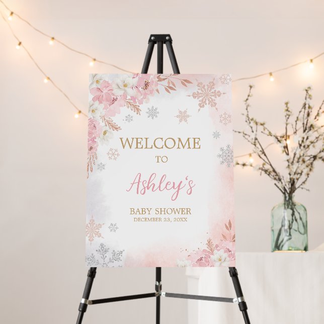 Pink A Little Snowflake Baby Shower Welcome Sign (In Situ (Stand))