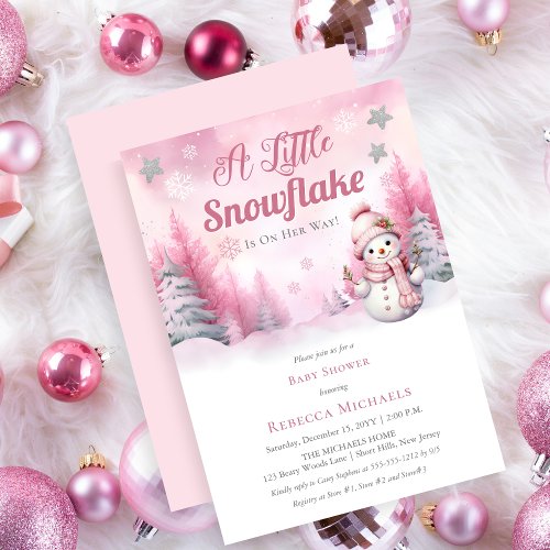 Pink A Little Snowflake  Snow Girl Baby Shower Invitation