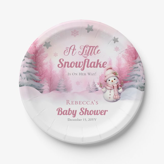 Pink A Little Snowflake | Snow Girl Baby Shower Paper Plates (Front)