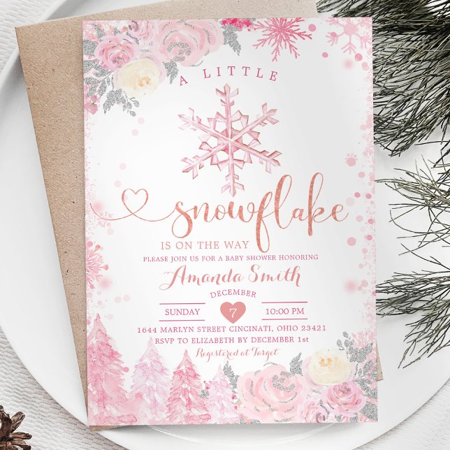 Pink A Little Snowflake Winter Baby Shower Invitat Invitation (Creator Uploaded)