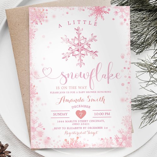 Pink A Little Snowflake Winter Baby Shower Invitation
