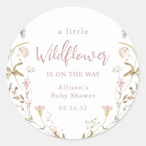 Pink A Little Wildflower Rustic Boho Baby Shower  Classic Round Sticker