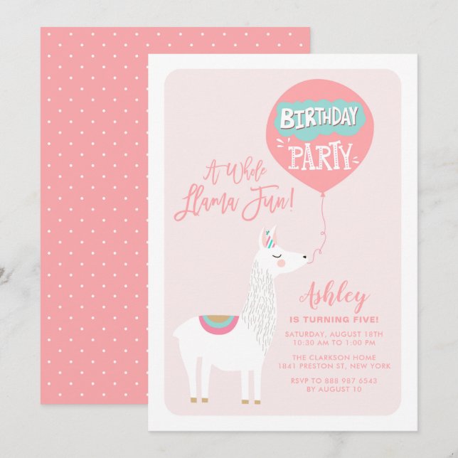 Pink A Whole Llama Fun Kids Birthday Invitation (Front/Back)