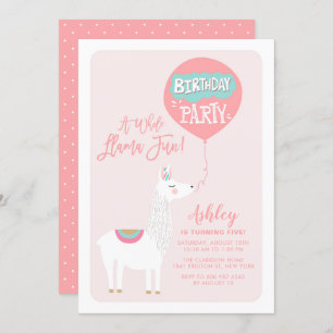 Pink A Whole Llama Fun Kids Birthday Invitation