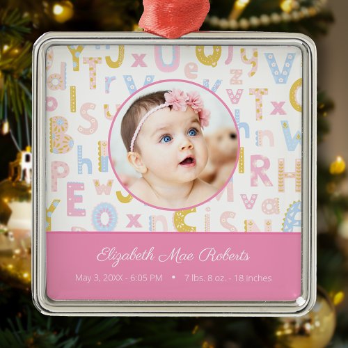 Pink ABC Birth Stat Baby Girls Photo Christmas Metal Ornament