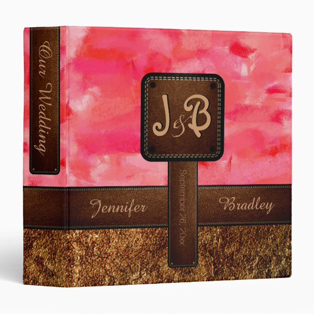 Pink Abstract Art Wedding Leather Look 3 Ring Binder (Front/Spine)