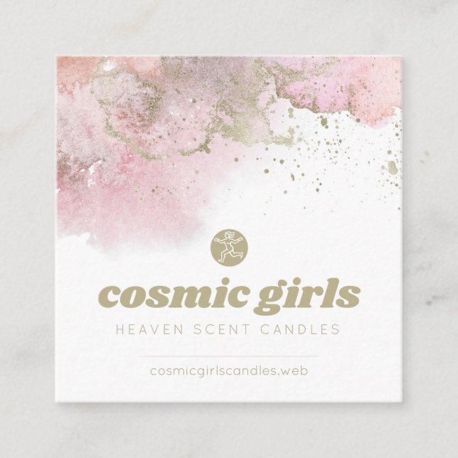 Pink Abstract Art with Gold Accents Square Business Card (Front)