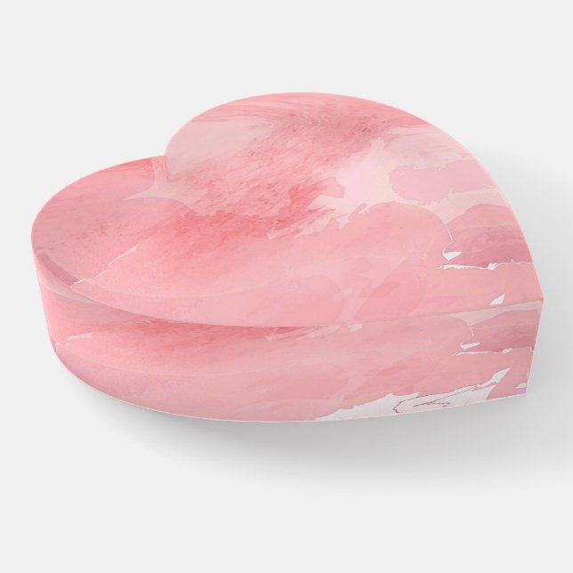 Pink Abstract Design Glass Heart Shape Paperweight (Angled)