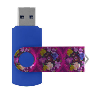 Pink Abstract Floral Blue Swivel USB Flash Drive