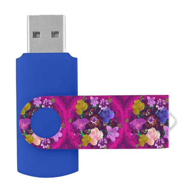 Pink Abstract Floral Blue Swivel USB Flash Drive (Opened)