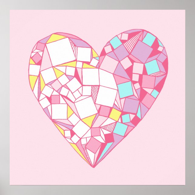 Pink Abstract Geometric Heart Drawing Poster (Front)