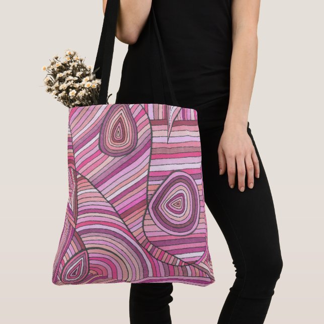 Pink Abstract Geometric Pattern with Curved Lines Tote Bag (Close Up)