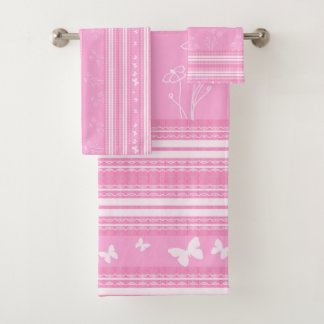 Pink Abstract Geometric Striped Pattern Bath Towel Set