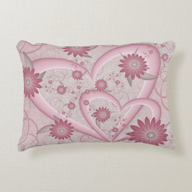 Pink Abstract Hearts & Flowers Love Fractal Art Accent Pillow (Front)
