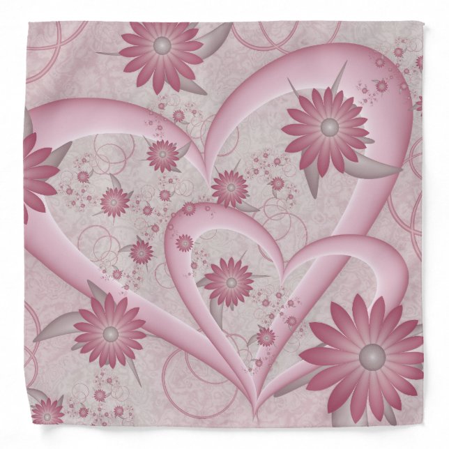 Pink Abstract Hearts & Flowers Love Fractal Art Bandana (Front)