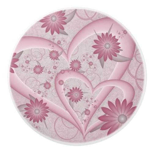 Pink Abstract Hearts  Flowers Love Fractal Art Ceramic Knob