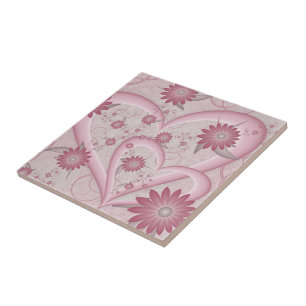 Pink Abstract Hearts & Flowers Love Fractal Art Ceramic Tile