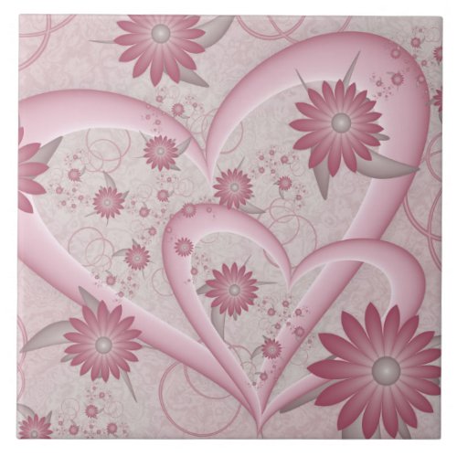 Pink Abstract Hearts  Flowers Love Fractal Art Ceramic Tile