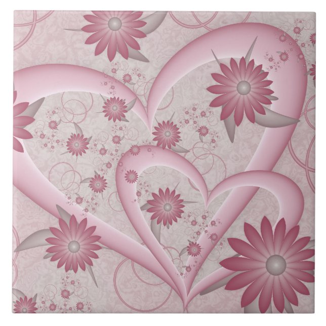 Pink Abstract Hearts & Flowers Love Fractal Art Ceramic Tile (Front)