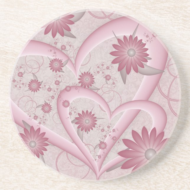 Pink Abstract Hearts & Flowers Love Fractal Art Coaster (Front)