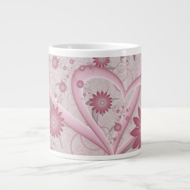 Pink Abstract Hearts & Flowers Love Fractal Art Giant Coffee Mug (Front)