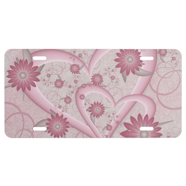 Pink Abstract Hearts & Flowers Love Fractal Art License Plate (Front)