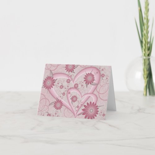 Pink Abstract Hearts  Flowers Love Fractal Art Note Card