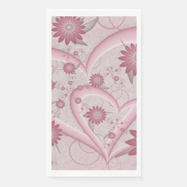 Pink Abstract Hearts & Flowers Love Fractal Art Paper Guest Towels (Front)