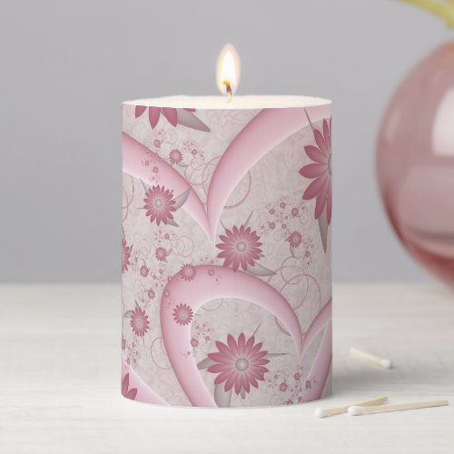 Pink Abstract Hearts  Flowers Love Fractal Art Pillar Candle