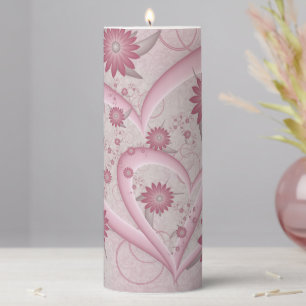 Pink Abstract Hearts & Flowers Love Fractal Art Pillar Candle