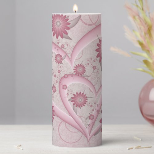 Pink Abstract Hearts  Flowers Love Fractal Art Pillar Candle