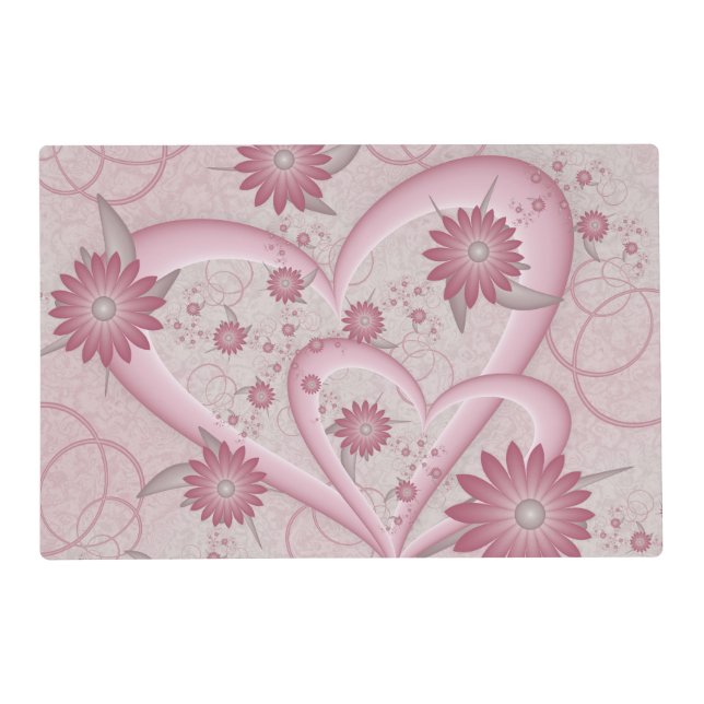 Pink Abstract Hearts & Flowers Love Fractal Art Placemat (Front)