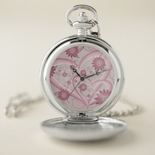 Pink Abstract Hearts & Flowers Love Fractal Art Pocket Watch