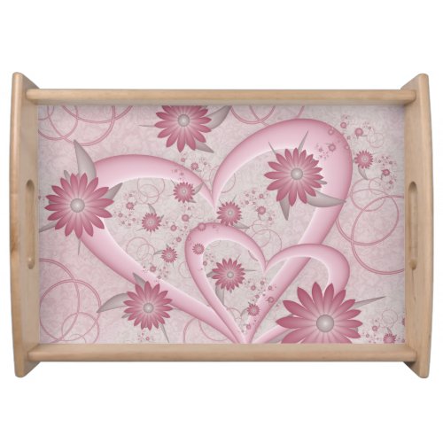 Pink Abstract Hearts  Flowers Love Fractal Art Serving Tray