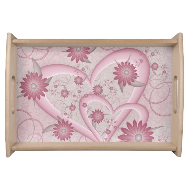 Pink Abstract Hearts & Flowers Love Fractal Art Serving Tray (Front)
