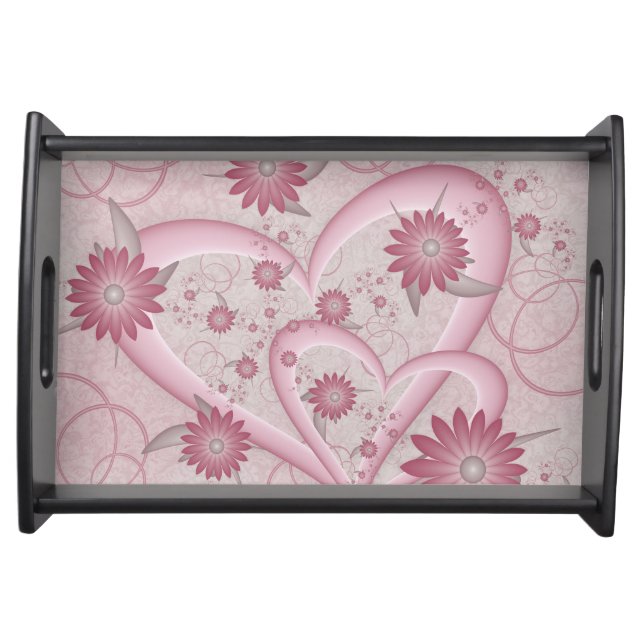 Pink Abstract Hearts & Flowers Love Fractal Art Serving Tray (Front)