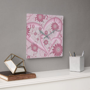 Pink Abstract Hearts & Flowers Love Fractal Art Square Wall Clock