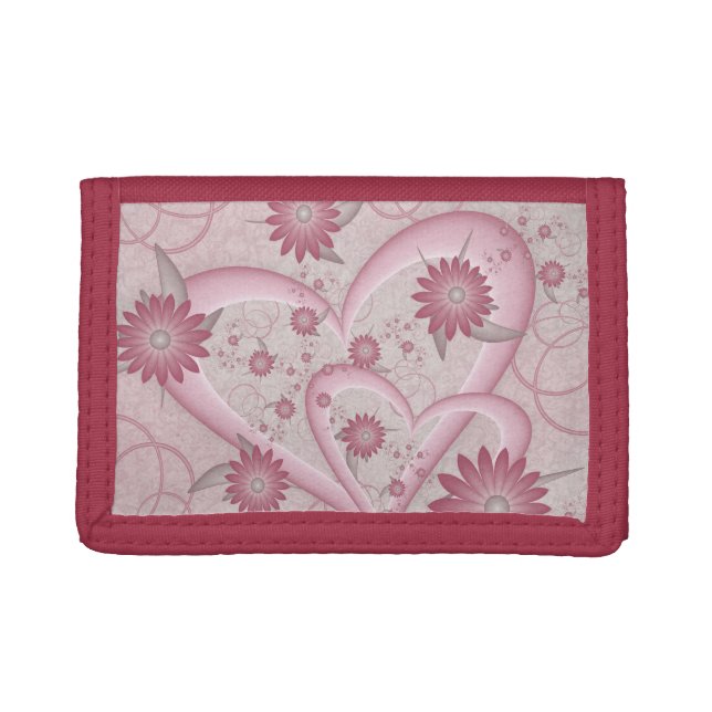 Pink Abstract Hearts & Flowers Love Fractal Art Trifold Wallet (Front)
