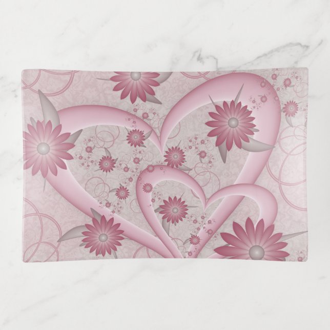 Pink Abstract Hearts & Flowers Love Fractal Art Trinket Tray (Front)