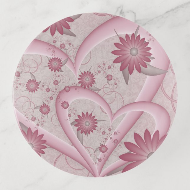 Pink Abstract Hearts & Flowers Love Fractal Art Trinket Tray (Front)