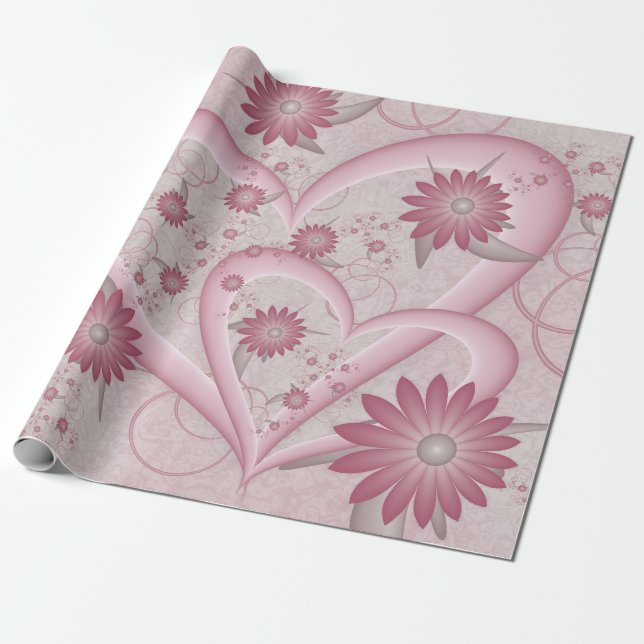 Pink Abstract Hearts & Flowers Love Fractal Art Wrapping Paper (Unrolled)
