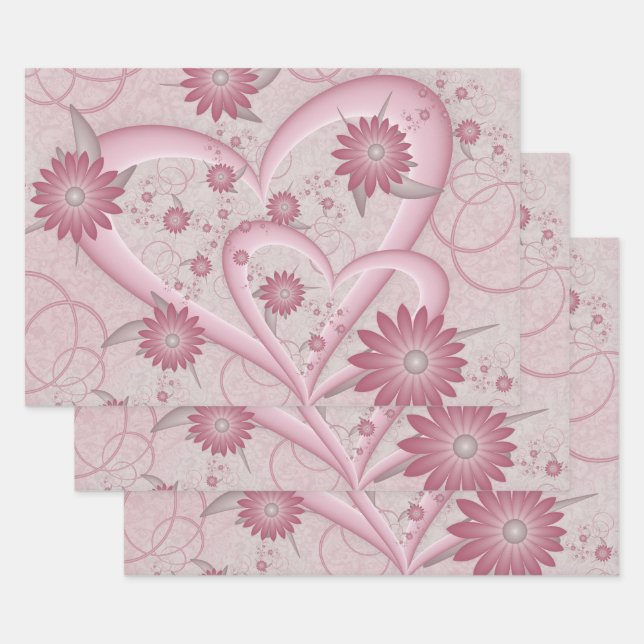 Pink Abstract Hearts & Flowers Love Fractal Art Wrapping Paper Sheets (Set)
